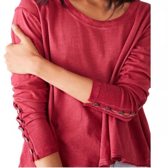 WE THE FREE Oversized Cropped Long Sleeve Shirt Red Size Medium - Picture 3 of 7